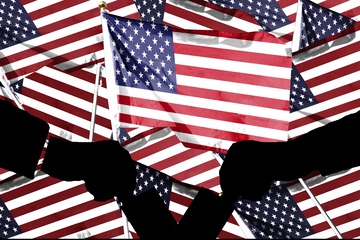 US flags with two hands dropping a ballot into the ballot box