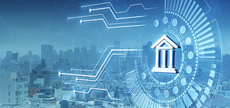 blue textured background with city and tech symbol
