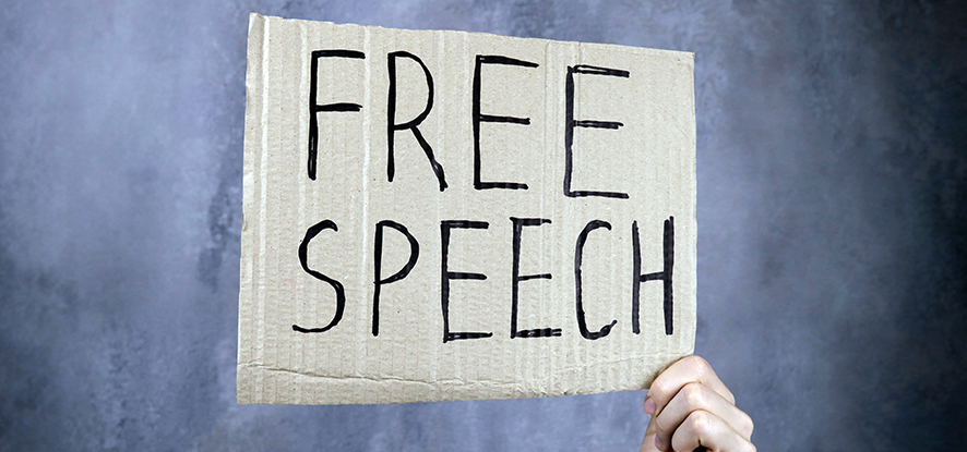 Hand holding cardboard sign with Free Speech