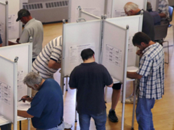 People standing at voting booths